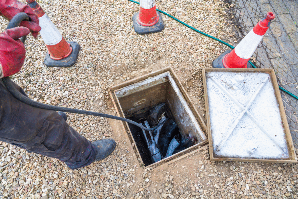 A Drain Bros llc worker installs part of a drainage system, showing safety and careful setup during utility work.