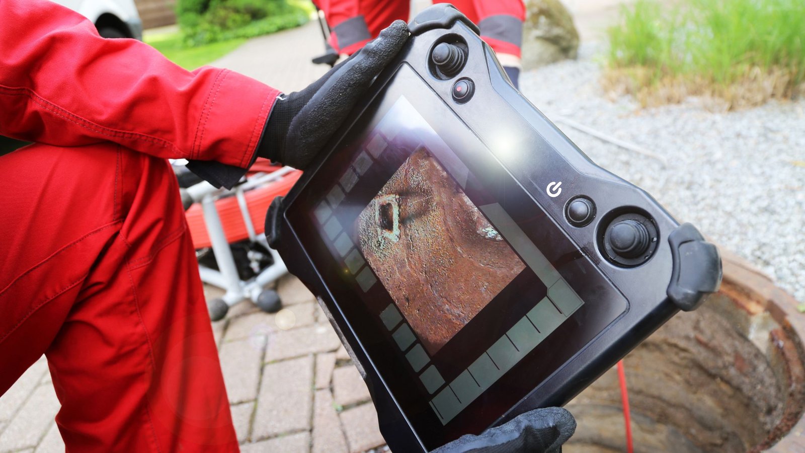 Drain Bros llc staff use a tablet to check a drainage part for rust as part of an outdoor inspection or maintenance.