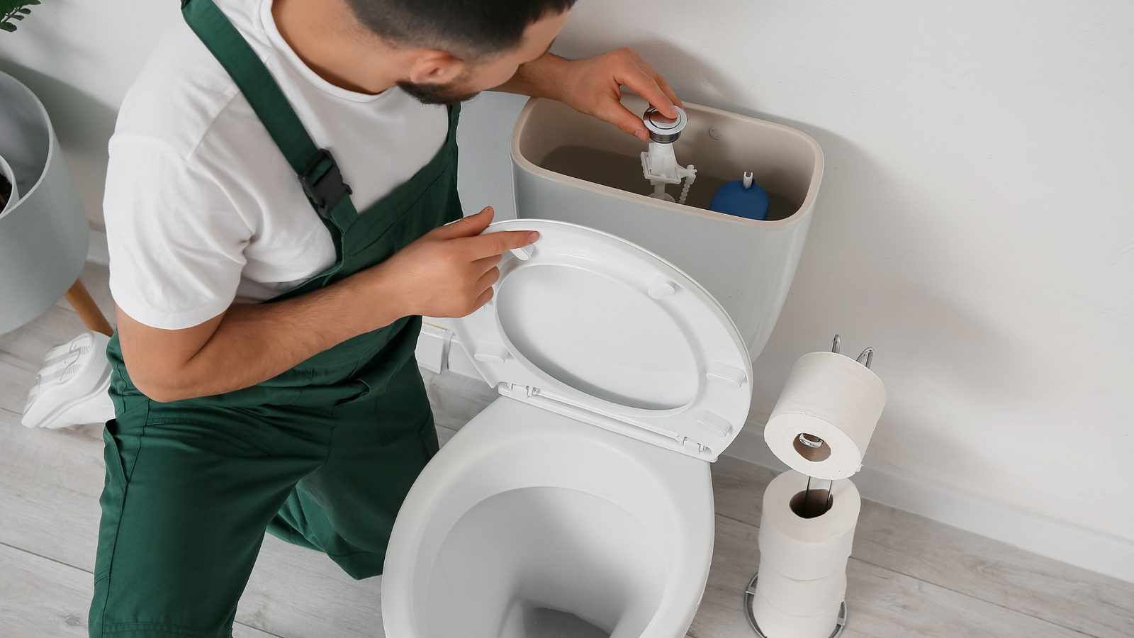 A Drain Bros llc worker checks a toilet tank to fix possible sewer problems, showing helpful bathroom plumbing service.