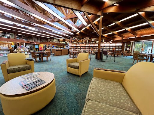 People in a library learn about Drain Bros llc from magazines on drainage systems at a reading table.
