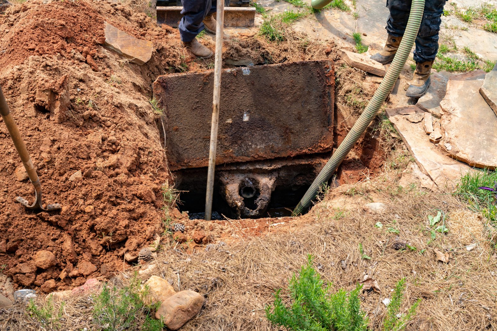 Drain Bros llc workers handle septic tank maintenance, showing expertise in fixing drainage systems safely and efficiently.
