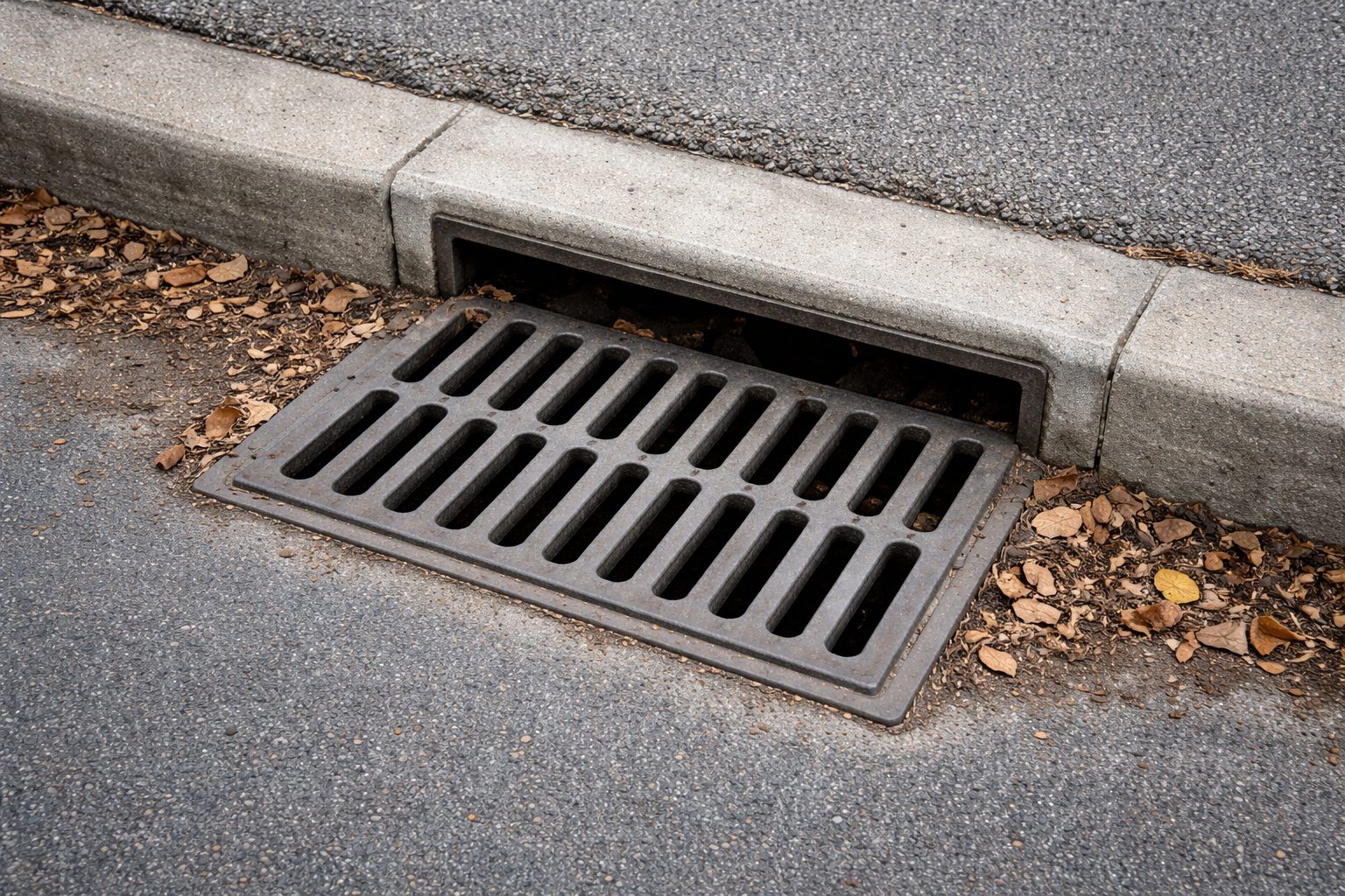 Drain Bros llc shows a loose grate on a street, suggesting there may be sewer line trouble under the road.
