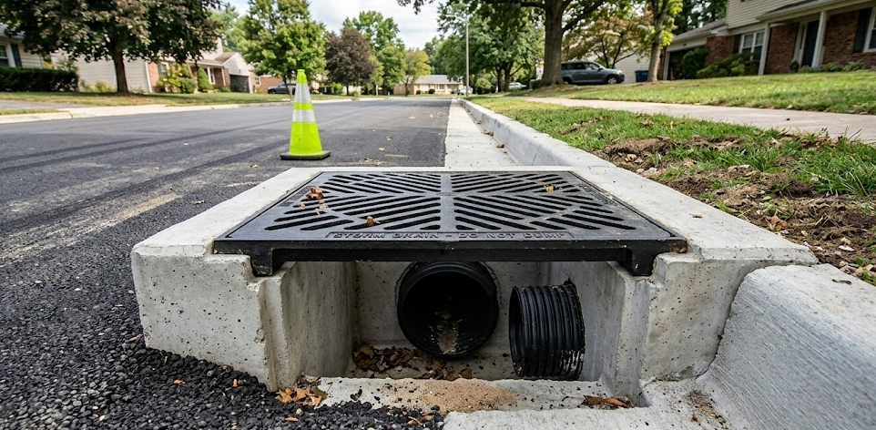 Drain Bros llc installing a storm drain to help keep the neighborhood safe from flooding during heavy rain.