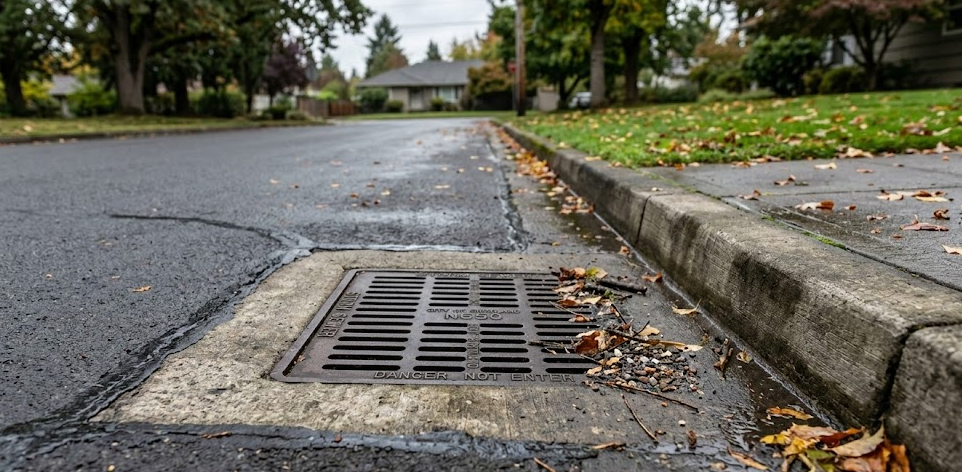 Drain Bros llc helps with street flooding or drain issues in neighborhoods, shown by wet pavement and signs of sewer trouble.