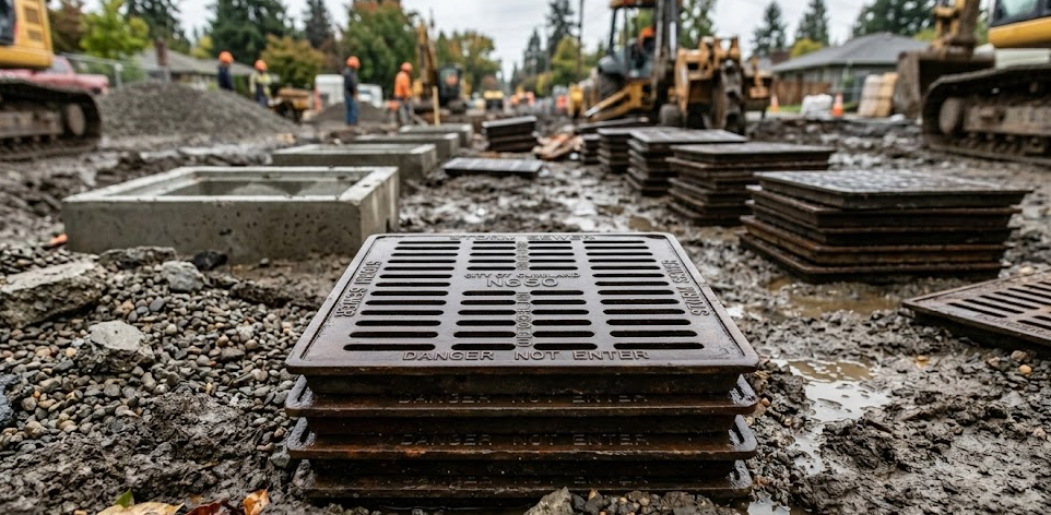 Drain Bros llc shows a busy work site where workers and machines fix pipes and drains for better water flow.