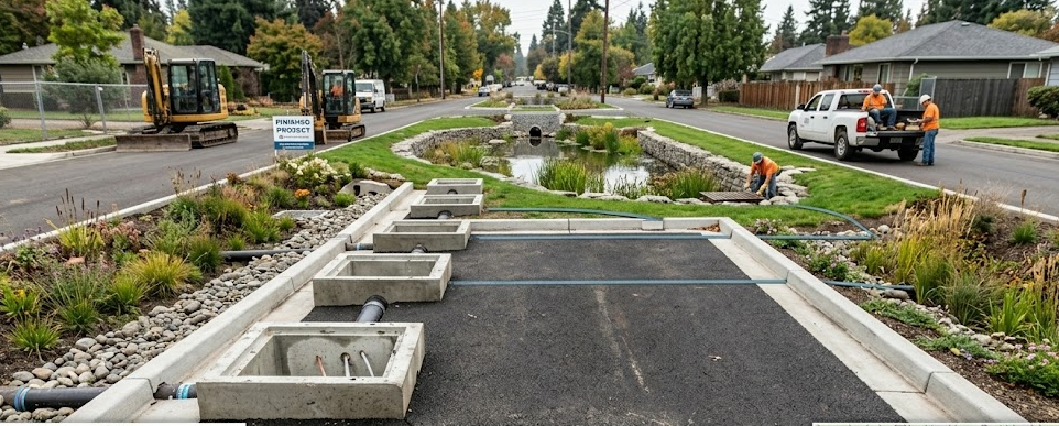 Drain Bros llc team improves stormwater management by installing a new bioswale system on a neighborhood street.