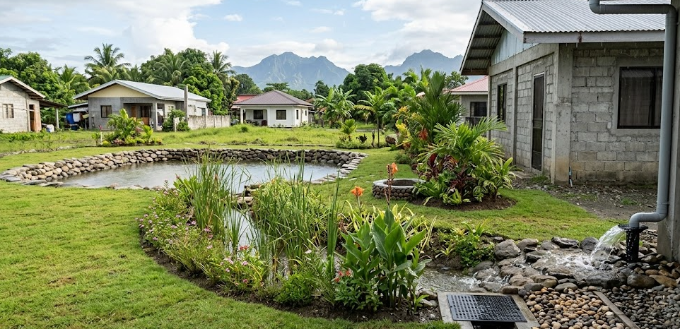Drain Bros llc shows a great space for drainage systems near homes, with water and green areas to help manage rain runoff.