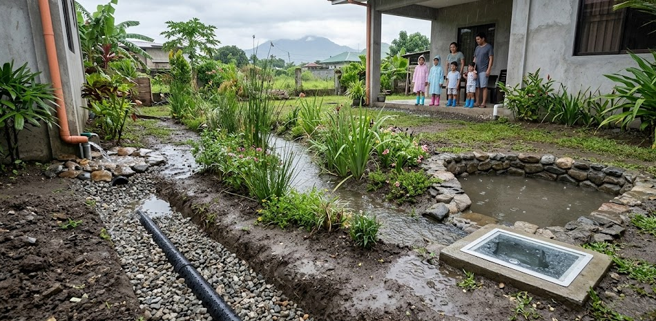 A family enjoys their yard after Drain Bros llc installed a drainage system with landscaping for better water flow.