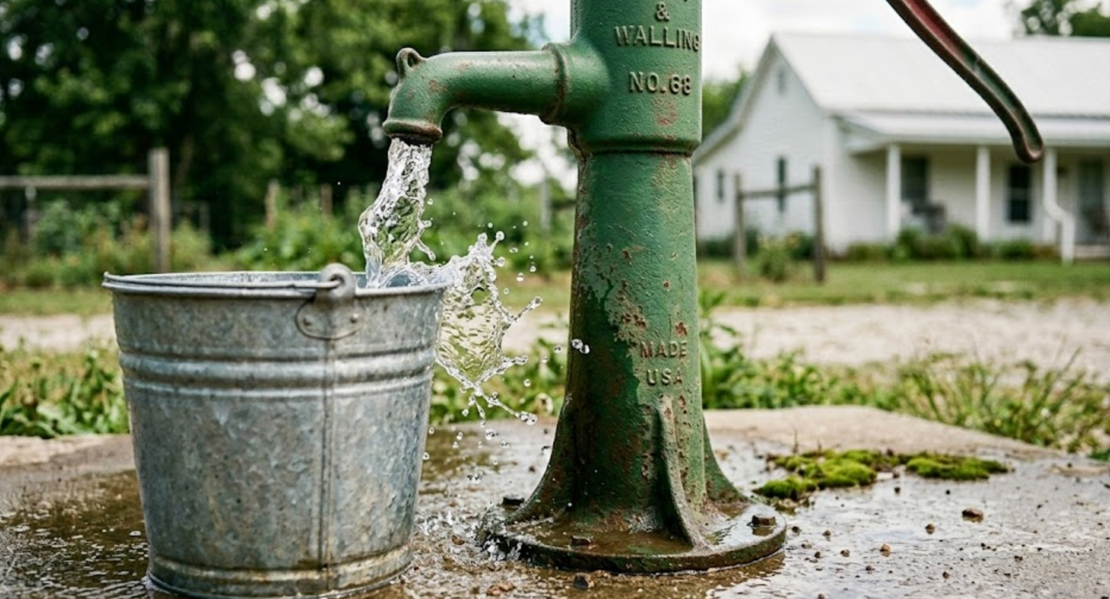 Drain Bros llc shows how good drainage, like with this hand pump, helps keep rural homes safe and dry.