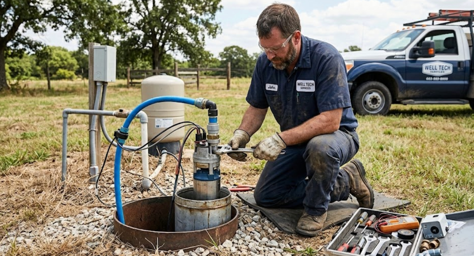 Drain Bros llc technician fixes a water well pump, showing their residential excavation and repair services.
