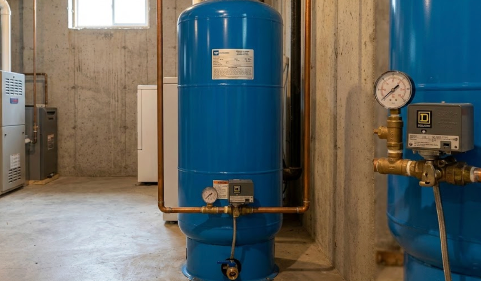 Drain Bros llc basement drainage system shows a sturdy setup, highlighting professional well pressure tank installation.