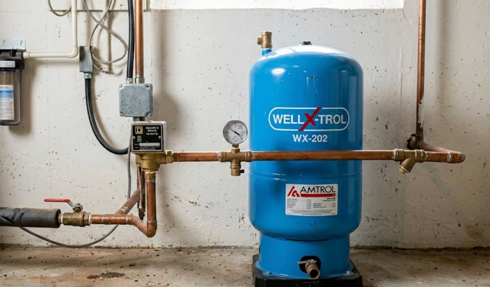 Drain Bros llc shows a Well-X-Trol tank with pipes and gauge as part of a basement drainage system installation.