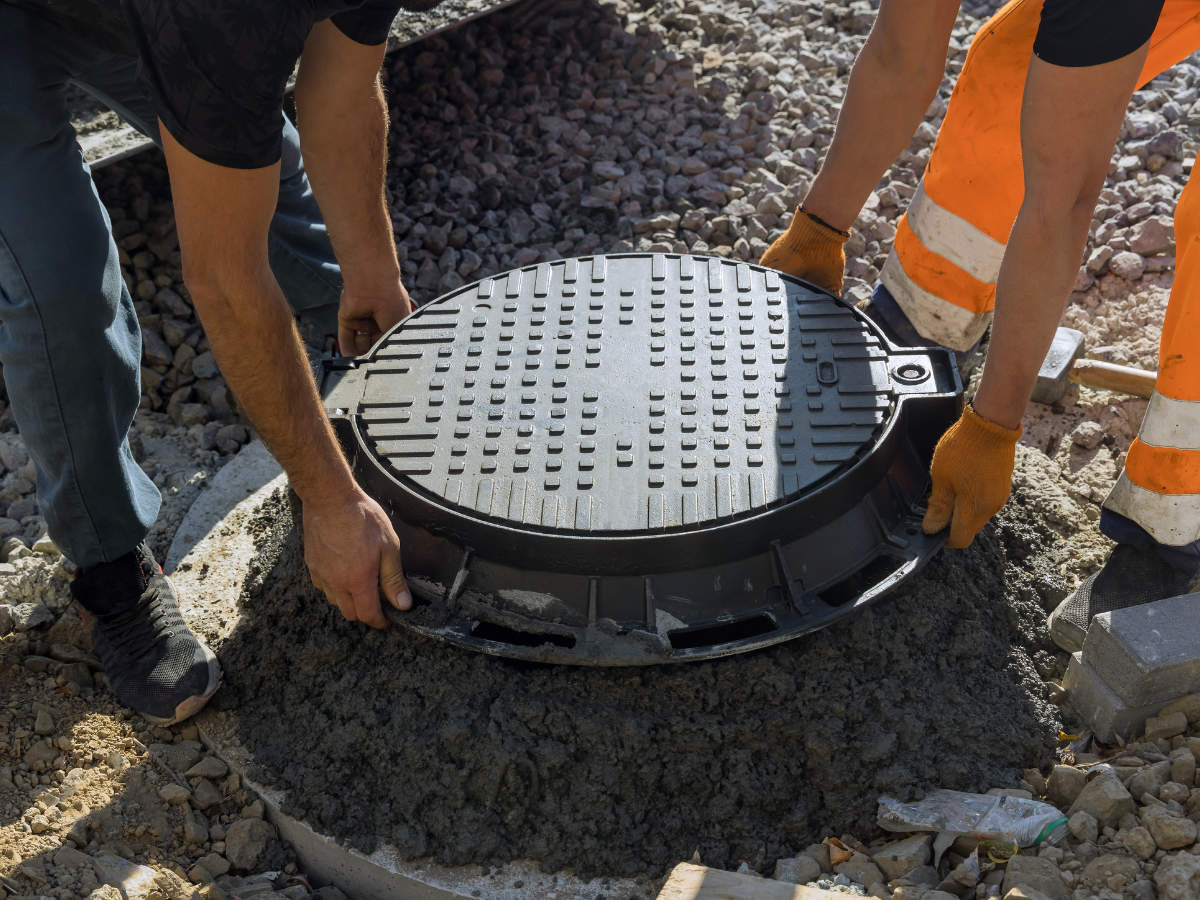Drain Bros llc workers put a manhole cover in place, showing teamwork and skill in utility installation.
