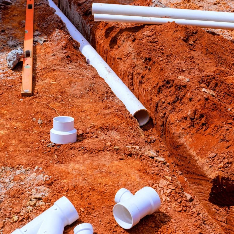 Drain Bros llc repairing a home sewer line, showing expert excavation and pipe replacement in progress.